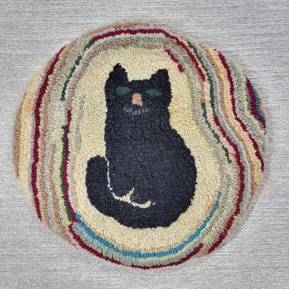 VTG Black Cat Fays Garret Seat Cushion Rug Round Hand Hook Loop Signed Folk Art - Picture 1 of 16